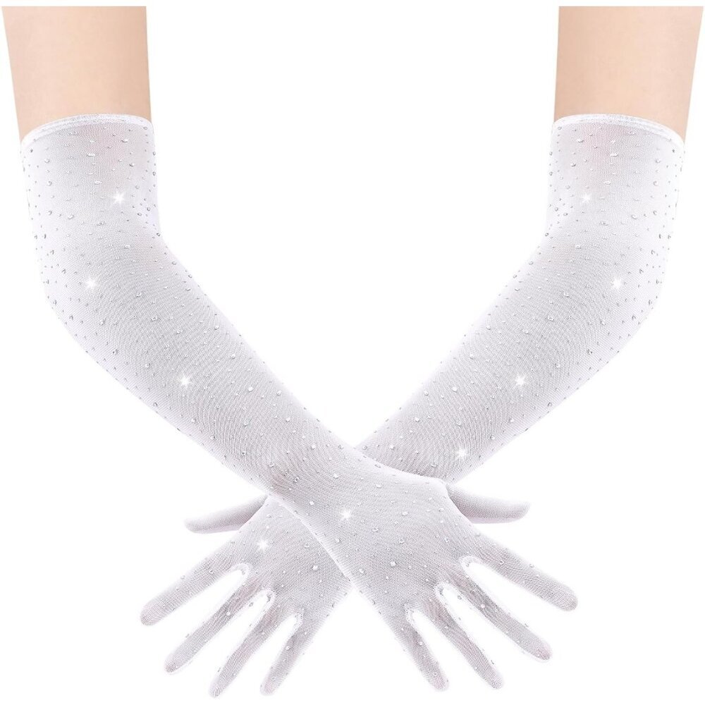 Women's Rhinestone White Sparkly Elbow Length Mesh Long Gloves Party Accessory